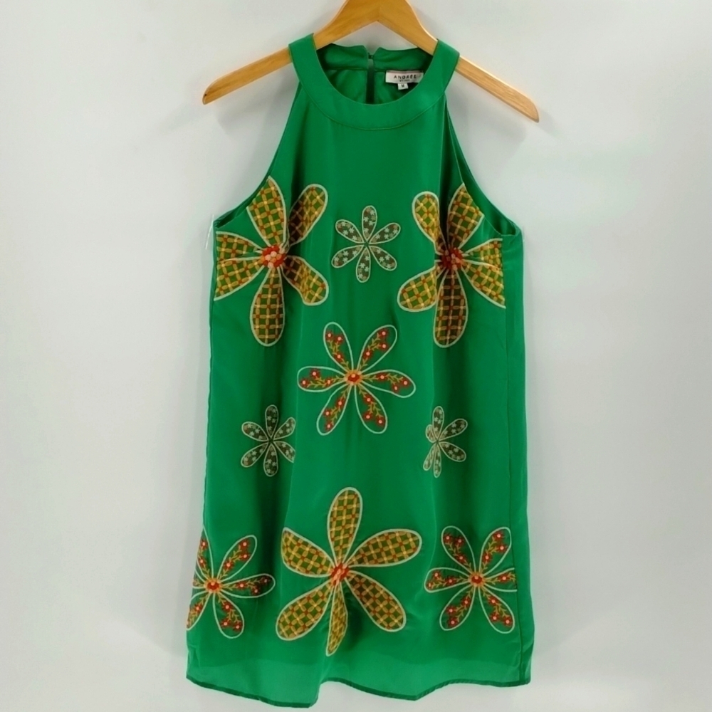 Andree by Unit green halter dress size medium embroidered floral green orange